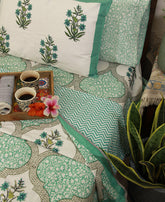 Green Orchid Bedsheet & Dohar Set – Hand Block Printed